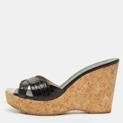 Pre-owned Jimmy Choo Prima Cork Size 40 Black Croc Embossed Leather Wedge Sandals