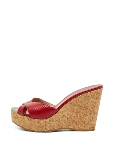 Pre-owned Jimmy Choo Prima Cork-platform Wedge Sandals In Red