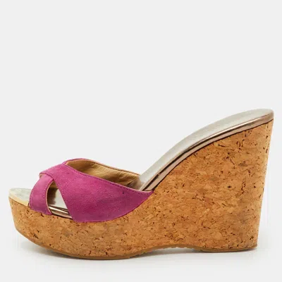 Pre-owned Jimmy Choo Prima Size 38 Pink Suede Cork Platform Wedge Slide Sandals