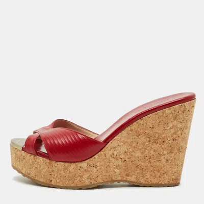 Pre-owned Jimmy Choo Prima Size 38.5 Red Leather Cork Platform Wedge Sandals