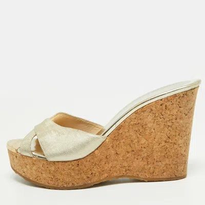 Pre-owned Jimmy Choo Prima Size 39.5 Gold Foil Leather Cork Wedge Sandals