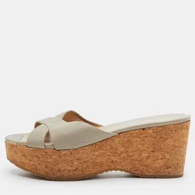 Pre-owned Jimmy Choo Prima Size 39.5 Grey Leather Cork Platform Wedge Sandals