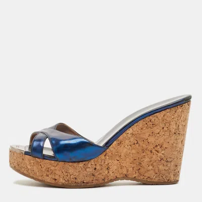 Pre-owned Jimmy Choo Prima Size 39.5 Navy Blue Patent Leather Wedge Sandals