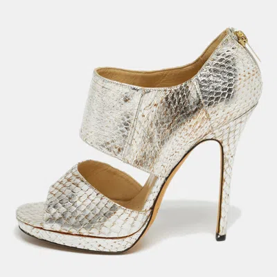 Pre-owned Jimmy Choo Private Size 38.5 Metallic Python Embossed Leather Sandals In Silver