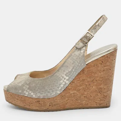 Pre-owned Jimmy Choo Prova Size 38 Grey/metallic Suede Wedge Sandals In Gray