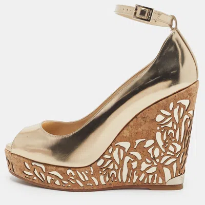 Pre-owned Jimmy Choo Prova Size 39 Metallic Gold Leather Wedge Sandals In Silver