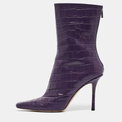 Pre-owned Jimmy Choo Purple Croc Embossed Leather Ankle Boots Size 39.5