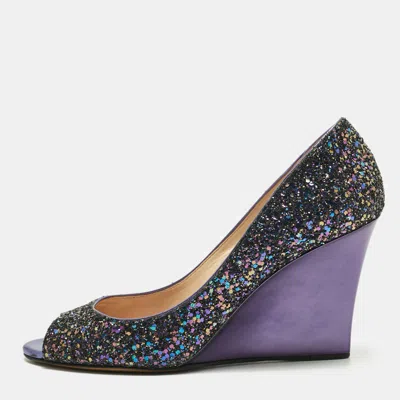 Jimmy Choo Purple Glitter Baxen Peep Toe Wedge Pumps