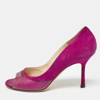 Pre-owned Jimmy Choo Purple Leather And Suede Open Toe Pumps Size 38.5