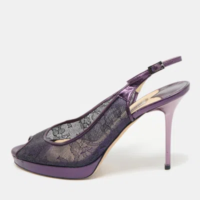 Pre-owned Jimmy Choo Purple Mesh And Leather Peep Toe Platform Slingback Sandals Size 38.5