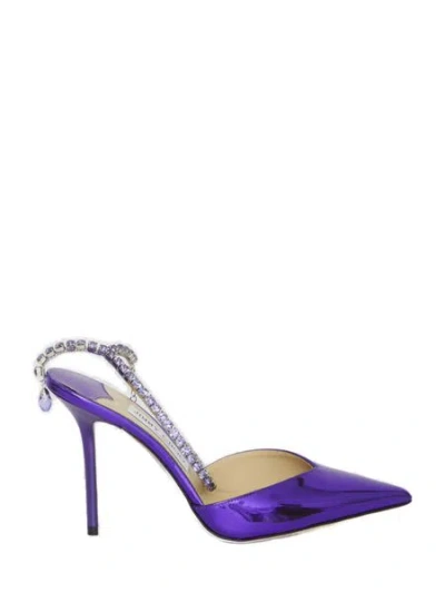 Jimmy Choo Purple Metallic Leather Crystal Chain Ankle Strap Pumps