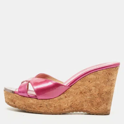 Pre-owned Jimmy Choo Purple Patent Leather Prima Cork Wedge Slides Size 35.5