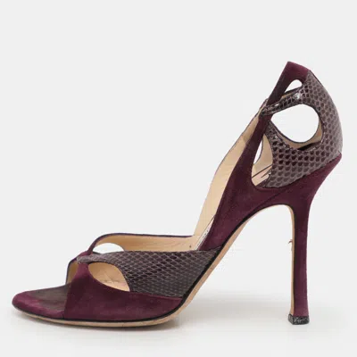 Pre-owned Jimmy Choo Purple Snakeskin Leather And Suede Peep Toe Sandals Size 36.5