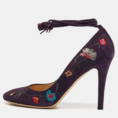 Jimmy Choo Purple Suede Floral Embroidered Chelan Ankle Wrap Pumps