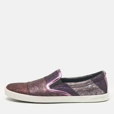 Pre-owned Jimmy Choo Purple/black Lace And Leather Demi Slip On Sneakers Size 40