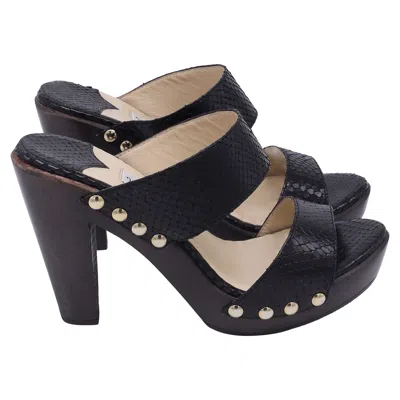 Jimmy Choo Python Embossed Wooden Platform Slides In Black Leather In Multi