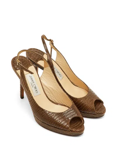 Pre-owned Jimmy Choo Python-embossed Peep-toe Sandals In Brown