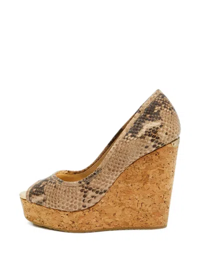 Pre-owned Jimmy Choo Python-embossed Wedge Pumps In Neutrals