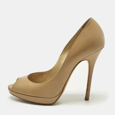 Pre-owned Jimmy Choo Quiet Size 37 Beige Leather Peep Toe Pumps In Sand