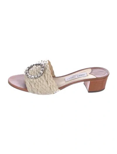 Pre-owned Jimmy Choo Raffia Crystal Embellishments Mules In Neutral