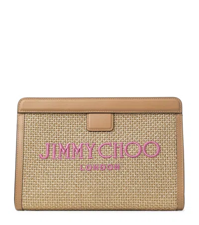 Jimmy Choo Raffia Leather-trim Avenue Pouch In Gold