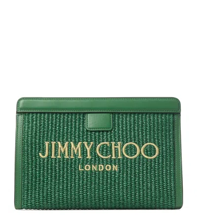 Jimmy Choo Raffia Leather-trim Avenue Pouch In Green