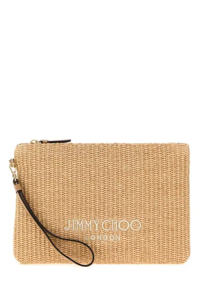 Jimmy Choo Raffia Mini Flat Clutch With Platinum Finish In Beige O Tan