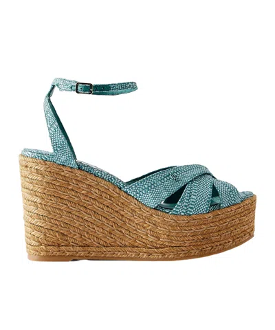 Jimmy Choo Korra 100 Raffia Platform Wedge Sandals In Blue