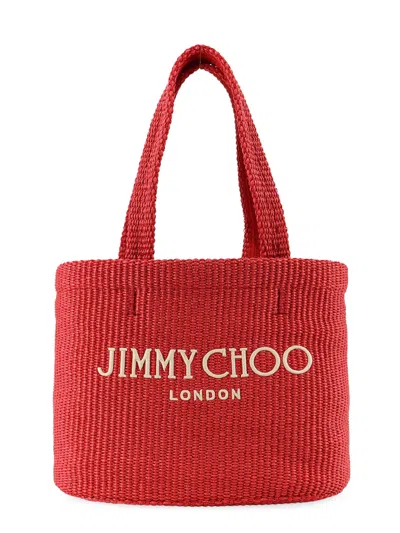 Jimmy Choo Raffia Shopping Bag With Lettering Logo On The Front In Red