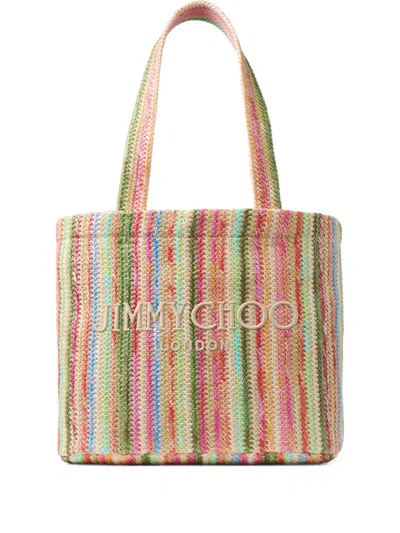 Jimmy Choo Beach Medium Striped Raffia Tote Bag In Multi/ecru/lightgold