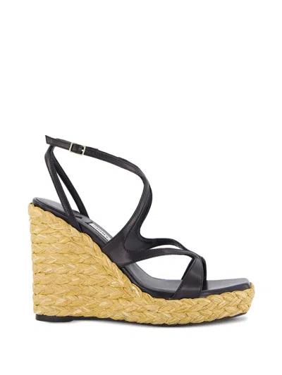 Jimmy Choo Raffia Wedge Sandals With Square Toe And Adjustable Ankle Strap In Nero