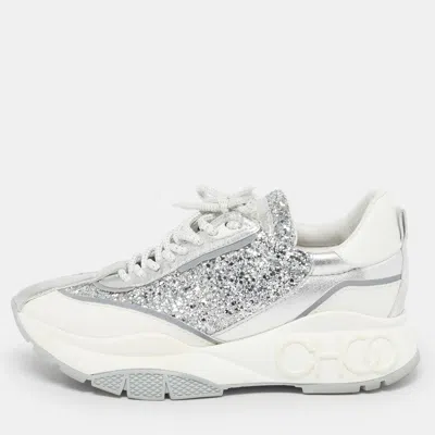 Pre-owned Jimmy Choo Raine Size 38 Silver/white Glitter And Leather Low Top Sneakers