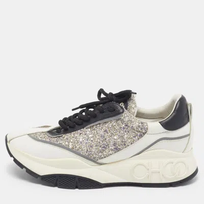 Pre-owned Jimmy Choo Raine Size 39 Tricolor Glitter And Leather Lace Up Sneakers In White