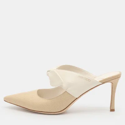 Pre-owned Jimmy Choo Rali Size 41 Beige/white Leather And Raffia Mules In Sand