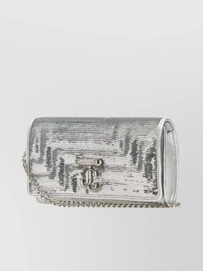 Jimmy Choo Rectangular Sequined Wallet With Metallic Chain In Grey