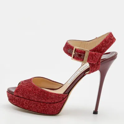Jimmy Choo Red Glitter Linda Platform Ankle Strap Sandals
