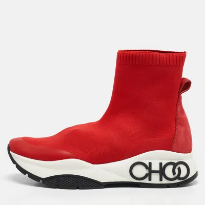 Pre-owned Jimmy Choo Red Knit Fabric And Suede Raine Sock Sneakers Size 38