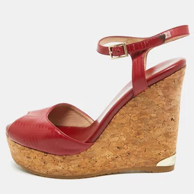 Pre-owned Jimmy Choo Red Leather Pela Cork Wedge Sandals Size 35.5