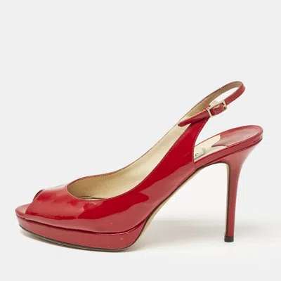 Pre-owned Jimmy Choo Red Patent Leather Clue Peep Toe Slingback Pumps Size 39
