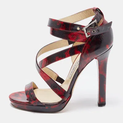 Pre-owned Jimmy Choo Red/black Leather Criss Cross Ankle Strap Sandals Size 37.5