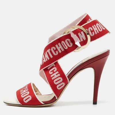 Pre-owned Jimmy Choo Red/pink Canvas And Leather Bailey Sandals Size 38.5