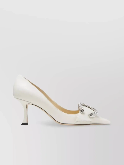 Jimmy Choo Refined Crystal Buckle Kitten Heel Pumps In White