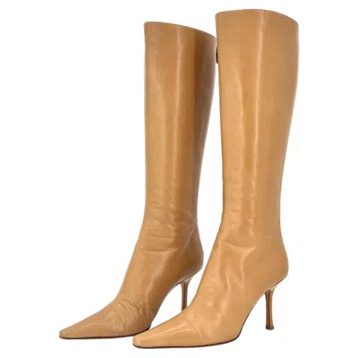 Pre-owned Jimmy Choo Retro Vintage Camel Knee High Back Heel Zip Up Pointed Toe Boots 38 In Brown