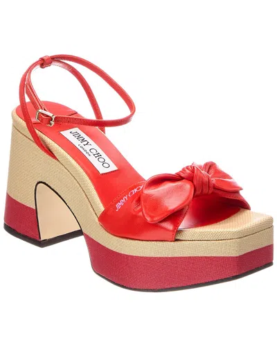 Jimmy Choo Ricia 95 Raffia & Leather Platform Sandal In Red