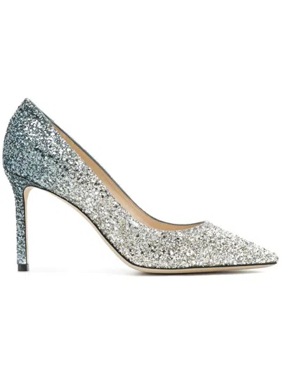 Jimmy Choo Romy 85 Glittered Leather Pumps In Silver