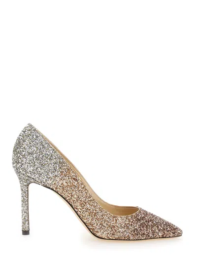 Jimmy Choo Romy Multicolor Pumps With All-over Glitters In Fabric And Leather Woman In Grey
