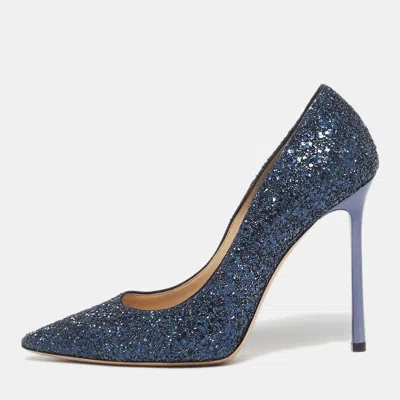 Pre-owned Jimmy Choo Romy Size 37 Blue Glitter Pointed Toe Pumps