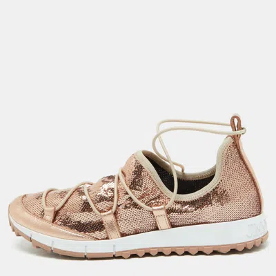 Pre-owned Jimmy Choo Rose Pink Metallic Leather And Sequins Andrea Sneakers Size 38