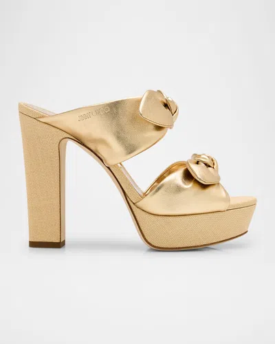 Jimmy Choo Rua 120 Raffia And Leather Platform Sandals In Metallic Gold