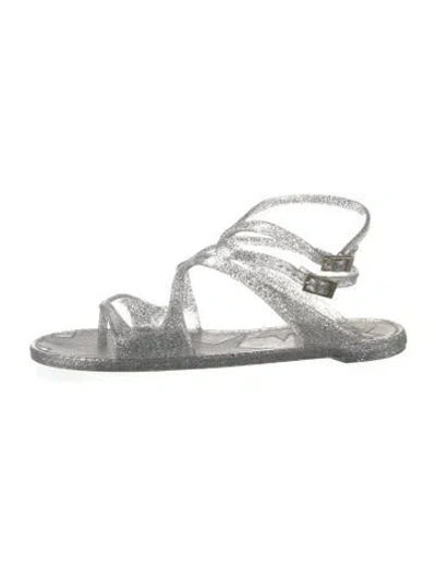 Pre-owned Jimmy Choo Rubber Glitter Accents Gladiator Sandals In Silver